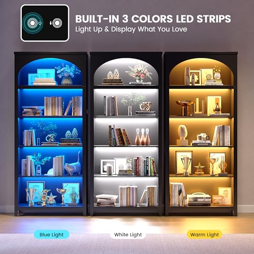 70" Arched Bookshelf with LED Lights, 5-Tier Storage for Displaying, view 4