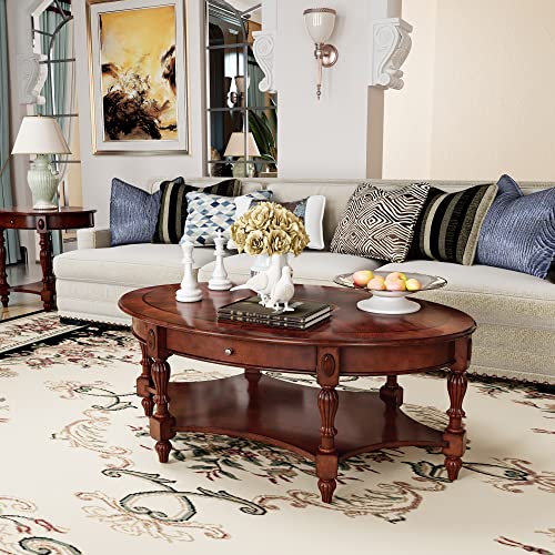 Solid Wood Oval Coffee Table with Drawer and Storage Shelf, Traditional Vintage Center Table Polished Edging Cocktail Tea Table for Living Room Bedroom Home, Cherry Walnut