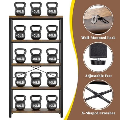 5-Tier Adjustable Heavy Duty Bookshelf, Industrial Wooden Open Storage Rack with Black Metal Frame, Vintage Bookcase with Lock Wall Design, Rustic Brown