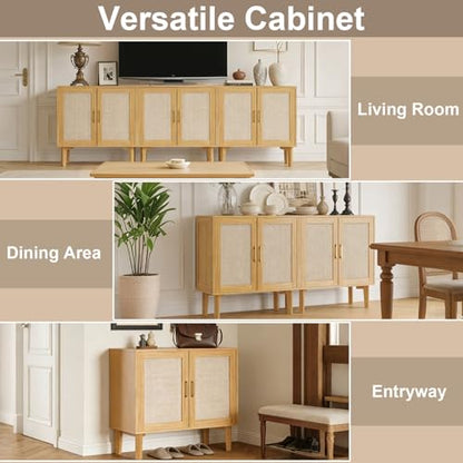 32.2" Rattan Sideboard Cabinet | Modern Accent Storage Cabinet with Adjustable Shelf and Solid Wood Legs for Kitchen, Living Room, Entryway, Natural Oak