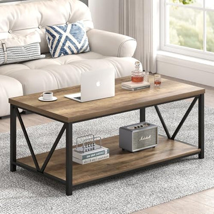 Coffee Table with Storage Shelf, Modern Industrial Metal and Wood Living Room Table, Small Rectangle Cocktail Tea Table for Bedroom Home Office, Rustic Oak, 39.3 Inch