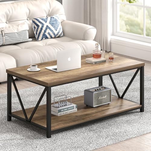 Coffee Table with Storage Shelf, Modern Industrial Metal and Wood Living Room Table, Small Rectangle Cocktail Tea Table for Bedroom Home Office, Rustic Oak, 39.3 Inch