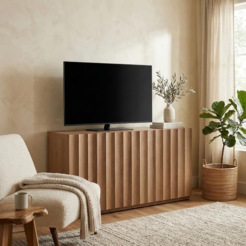 46.96" TV Stand, Fluted Mid-Century Modern 3 Doors, Amber Oak, view 2