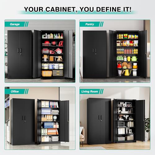 Metal Storage Cabinet with 2 Doors and 6 Shelves, Black Metal Cabinet with Lock, view 7