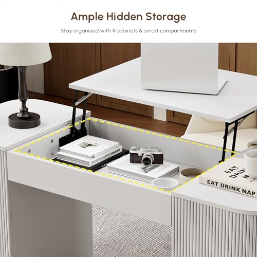 Modern 59.8" Lift-Top Home Office Desk, Engineered Wood Fluted Desk with 2 Doors Ample Storage for Working, Study, Reading Room, White