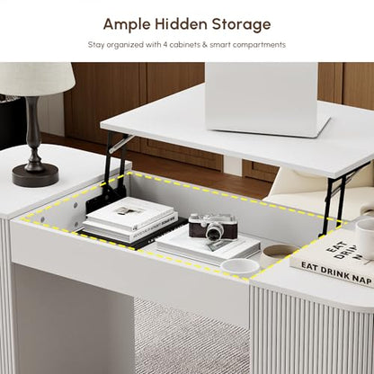 Modern 59.8" Lift-Top Home Office Desk, Engineered Wood Fluted Desk with 2 Doors Ample Storage for Working, Study, Reading Room, White