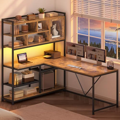 L Shaped Computer Desk with Storage Shelves, Bookshelf, Rustic Brown, view 4