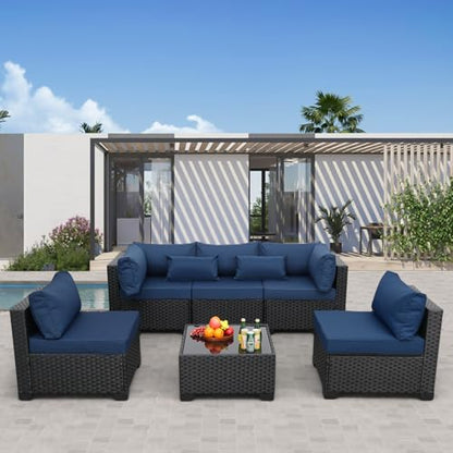 Patio Sectional 6 Pieces All-Weather Wicker Patio Furniture Set Outdoor Sectional with Glass Table Non-Slip Cushions and Waterproof Cover, Navy Blue