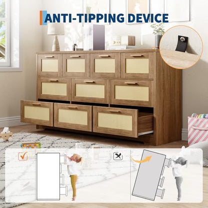 10 Drawer Dresser for Bedroom, 59 in Farmhouse Rattan Dressers & Chests of Drawers, Wooden Storage Organizer with Anti-Tipping Device for Living Room, Hallway, Entryway, Natural