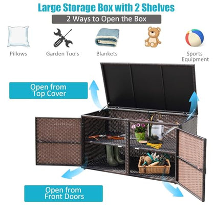 Deck Box Outdoor Wicker Storage Box Cabinet, 88 Gallon Patio Rattan Storage Container Bin Box for Furniture Tools in Garden Balcony Porch Yard