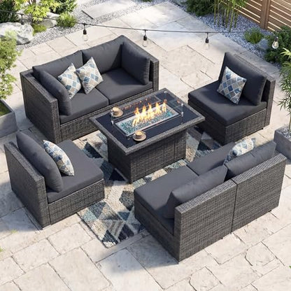 Extra Large Rattan Patio Furniture Set with Gas/Propane Fire Pit Table, 29.3'' High Back Comfy Outdoor Sofa Conversations, 7 Piece Moden Deep Wide Seated Sectional Couch for Backyard, Gray