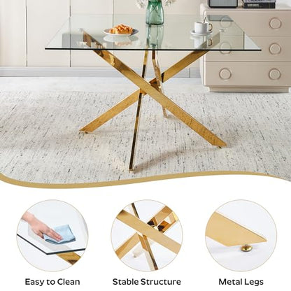 36-Inch Square Glass Dining Table Set with 4 Faux Leather High-Back Chairs - Modern Metal Cross-Leg Table with Comfortable C-Leg Seats for Modern Home Decor(Gray&Gold)