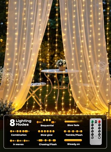 600 LED Curtain String Lights, 20 FT Hanging Fairy Lights with Remote, 8 Modes, Waterproof Window Lights for Bedroom Backdrop Wedding Outdoor Christmas Party, Warm White