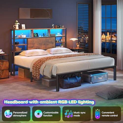 Queen Bed Frame with Storage Headboard and Charging Station, Brown, view 5