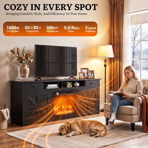 Electric Fireplace TV Stand with Storage for TVs up to 80", Black, view 6