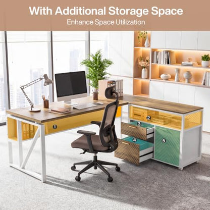 63" Executive Desk with Drawer Cabinet, L-Shaped Desk, Walnut, view 6