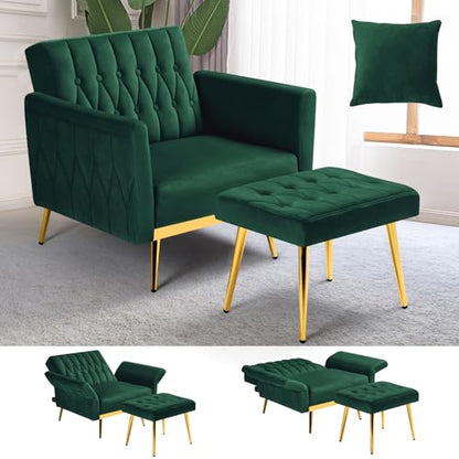 Velvet Accent Chair with Adjustable Armrests and Backrest, Button Tufted Lounge Chair, Single Recliner Armchair with Ottoman and Pillow for Living Room, Bedroom, Green