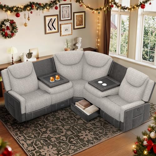 Manual Recliner Sectional Sofa for Living Room, Corner Couch with Flip Middle Backrest, USB Ports & Cup Holders, Grey Linen & Chocolate Leather, 5 Seater Sectional Couch