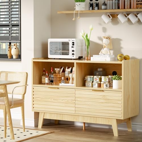 Fluted Buffet Sideboard Oak, Modern Storage Cabinet w/Cord Cutout, view 4