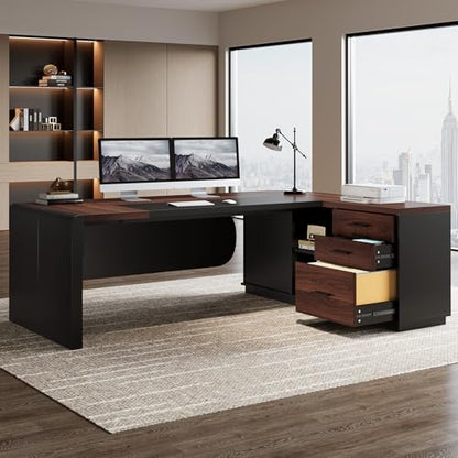 Tribesigns 80'' L-Shaped Desk, Large Executive Office Desk with 55'' Drawers Cabinet, Modern Computer Table with Storage Shelves, Business Furniture for Home Office, Walnut & Black