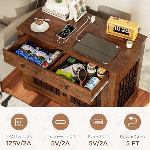 44'' Dog Crate Furniture w/Drawer Large Wooden Dog Kennel Indoor Dog House, view 3