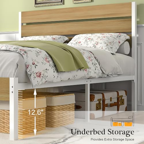 Full Size Metal Bed Frame with Natural Wood Headboard, view 7