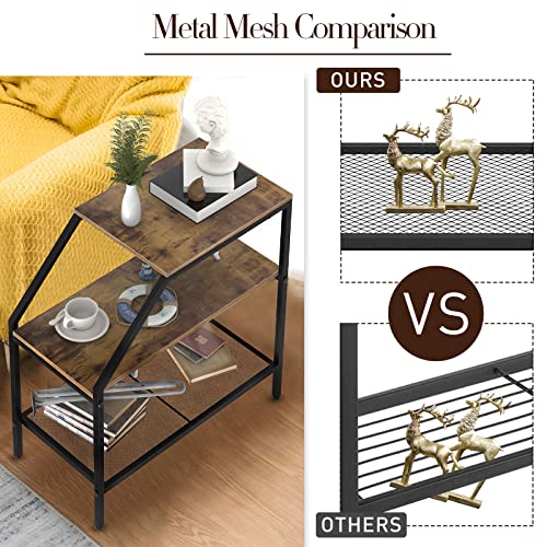 End Table 3 Tiers Shelf Rustic Brown Wood Industrial Accent Decorative Sofa Side Table Modern Trapezoid Accent Furniture Living Room Bed Room for Small Place