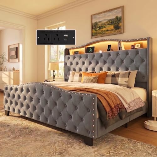 Platform Bed Frame with 50.9" LED Headboard, King Grey, view 2