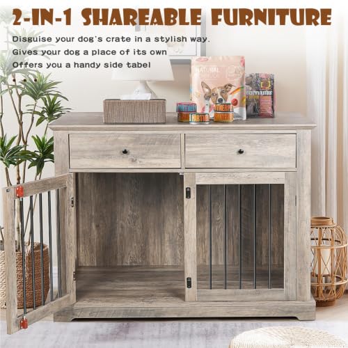 44-inch Wooden Dog Crate with 2 Storage Drawers, End Table, Grey, view 6