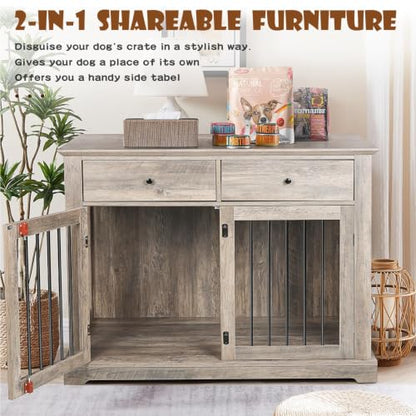 44-inch Wooden Dog Crate with 2 Storage Drawers, End Table, Grey, view 6