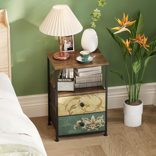 Nightstand with 2 Fabric Drawers Retro Flower End Table Side Table with Open Storage Shelf for Bedroom Living Room Sofa Beside Vintage