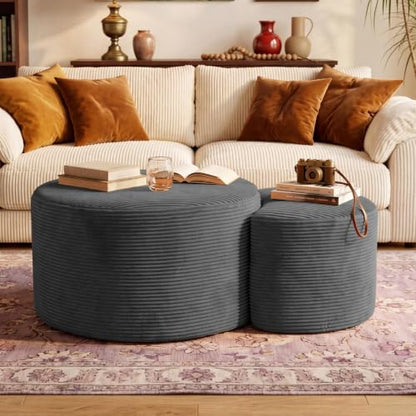 Boneless Ottoman Nesting Coffee Table Set of 2,Corduroy Soft Foot Rest Movable LargePouf Footstool for Living Room Sofa Couch Bedroom Entryway and Small Spaces No Assembly (Dark Gray)