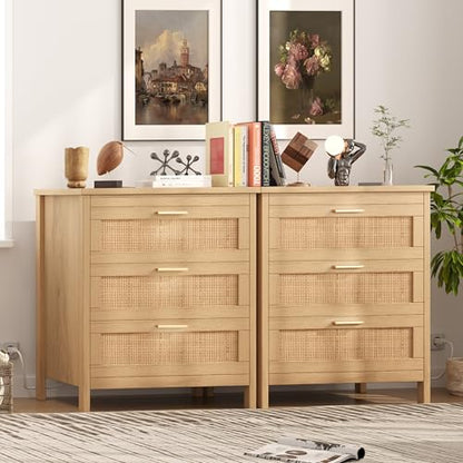 Rattan Nightstand with Charging Station, 23.6" Wide Bedside Table with 3 Drawers, Boho Night Stand with Metal Handles, Accent End Table for Bedroom, Guest Room, Natural