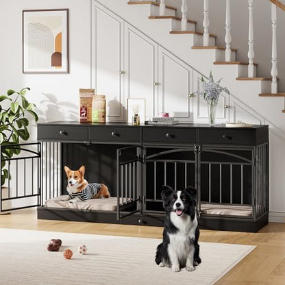 Black Dog Crate Furniture for 2 Dogs with Drawers and Feeding Bowls, view 2