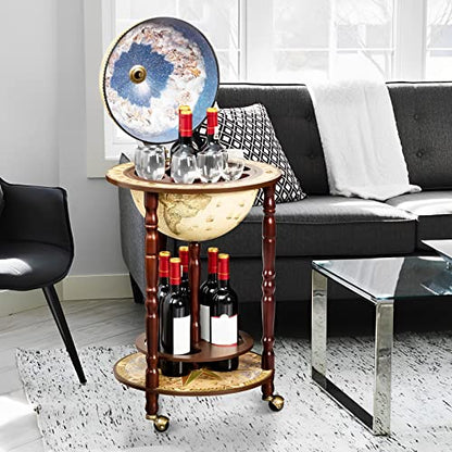 Globe Wine Bar Cabinet, Italian Replica Bar Cart with Wheels and Liquor Bottle Shelf, Solid Wood Wine Bar Stand for Home, Kitchen, Bar, Pub (Cream White)