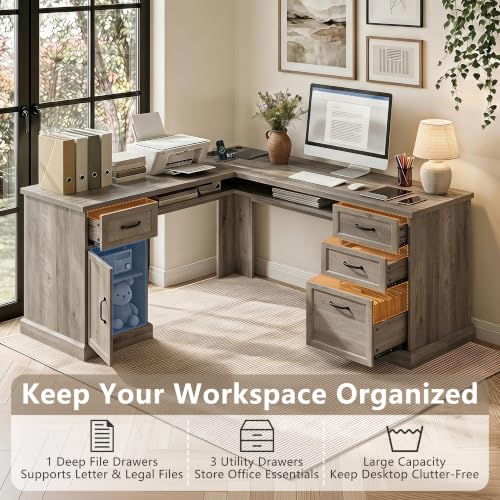 L Shaped Executive Desk with Storage, 4 Drawers, Grey, view 5