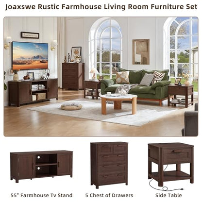 Farmhouse 55" Entertainment Center,Walnut Tv Stand with Adjustable Shelves & 2 Door Storage,Wooden Media Console Cabinet for TVs Up to 65 inches, Rustic Tv Stands for Living Room,Bedroom