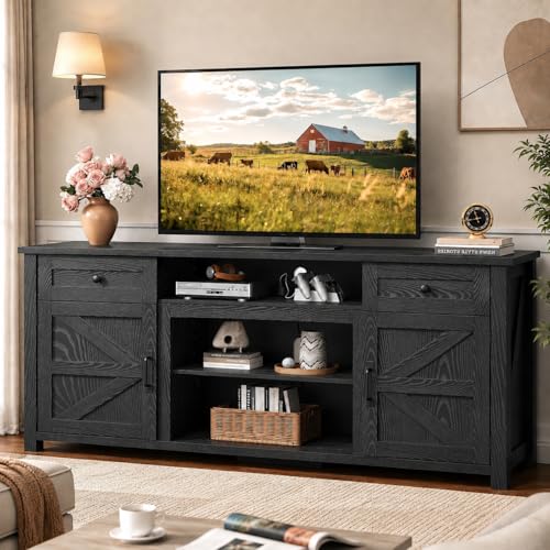 TV Stand for 75/70 Inch TV, Entertainment Center with Storage & Power Outlet, Farmhouse Media Console Cabinet with Drawers and Adjustable Shelves for Living Room, Black