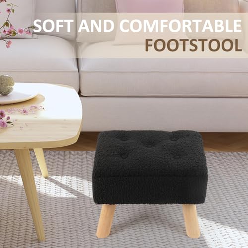 Storage Ottoman, Small Foot Stool Ottoman with Storage, Boucle Teddy Velvet Foot Rest with Padded Seat, Sturdy Wood Legs Stool for Living Room, Bedroom, Couch, Enterway (Black)