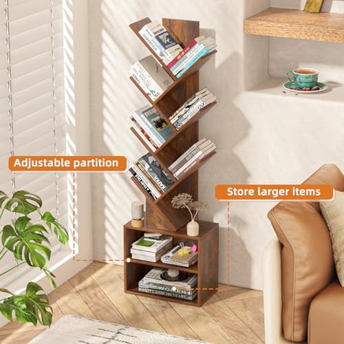 10 Tier Tree Bookshelf,Floor Standing Wood Tall Bookcase for Narrow Space, Storage Organizer Bookshelves for Books, Book Case for CDs/Movies/Books,Home Office,Living Room, Bedroom