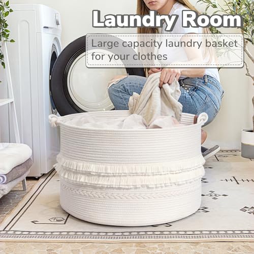 Large Blanket Basket Living Room, Laundry Basket With Tassel, 90L | Storage Basket for Toys, Clothes & Pillows Storage，Cotton Rope, Laundry Hamper With Handles,Fits Bedroom Nursery Décor, White