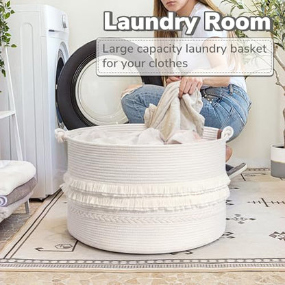 Large Blanket Basket Living Room, Laundry Basket With Tassel, 90L | Storage Basket for Toys, Clothes & Pillows Storage，Cotton Rope, Laundry Hamper With Handles,Fits Bedroom Nursery Décor, White