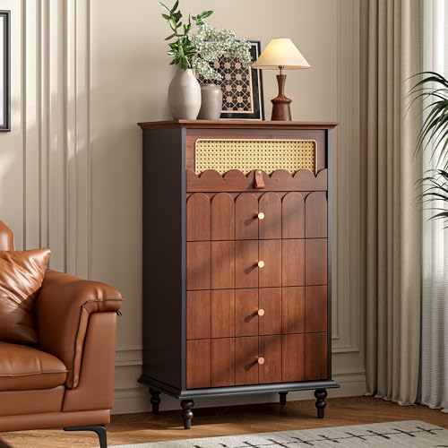 Vintage Wooden Storage Unit with Solid Wood Drawer Fronts and Rattan Accent, view 2