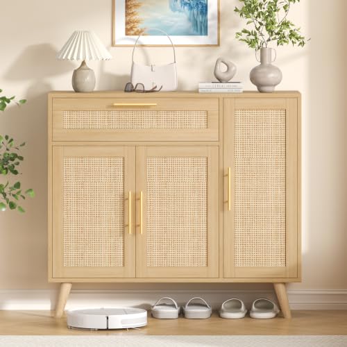 Kitchen Buffet Cabinet with 3 Doors, Rattan Storage Cabinet, view 5