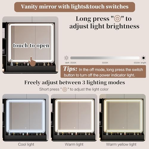 Large Vanity Desk with 3 Color Touch Screen Dimming Mirror, view 4