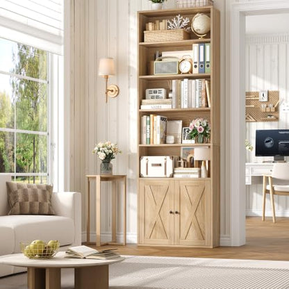 82" Tall Bookcase, Farmhouse Bookshelf with Doors,Light Oak, view 2