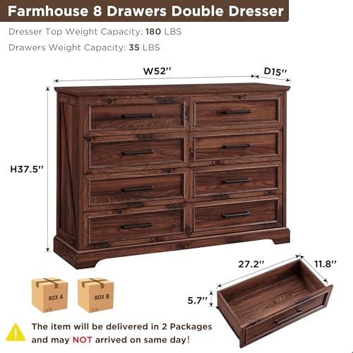 Farmhouse 8 Drawers Dresser Chests for Bedroom, Brown, view 3