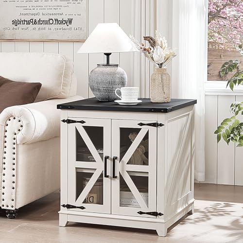 Farmhouse End Table Set of 2,24" Large Sofa Side Table with Charging Station Glass Barn Door,Wood Nightstand with Adjustable Storage Shelf,Square Bedside Table for Living Room,Bedroom,Office-White