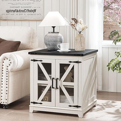 Farmhouse End Table Set of 2,24" Large Sofa Side Table with Charging Station Glass Barn Door,Wood Nightstand with Adjustable Storage Shelf,Square Bedside Table for Living Room,Bedroom,Office-White
