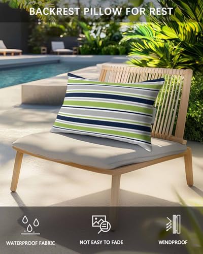 Pack of 2 Outdoor Lumbar Pillow Covers 12x20 Inch, Green Gray Striped Waterproof Throw Pillow Covers Set, Farmhouse Stripes Modern Abstract Art Outside Decorative Cushion Cases for Patio Porch Car